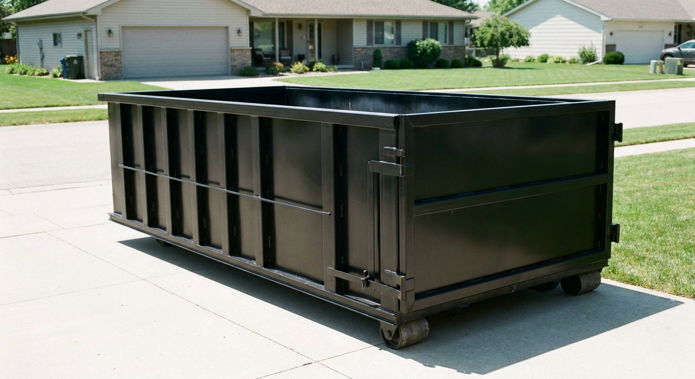Matte-black 10-yard roll-off dumpster on a residential concrete driveway in Clearwater, uniformly painted matte black across every panel and rail, ribbed steel sidewalls and rear swing door visible, mid-day daylight.