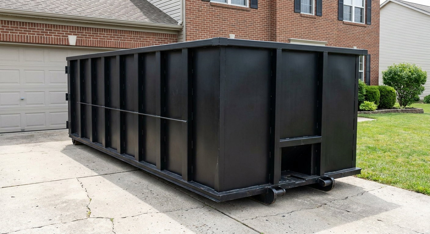 Matte-black 20-yard roll-off container on a Clearwater residential concrete driveway with reinforced ribbed steel sidewalls and a hinged rear walk-in door, clean bright daylight.