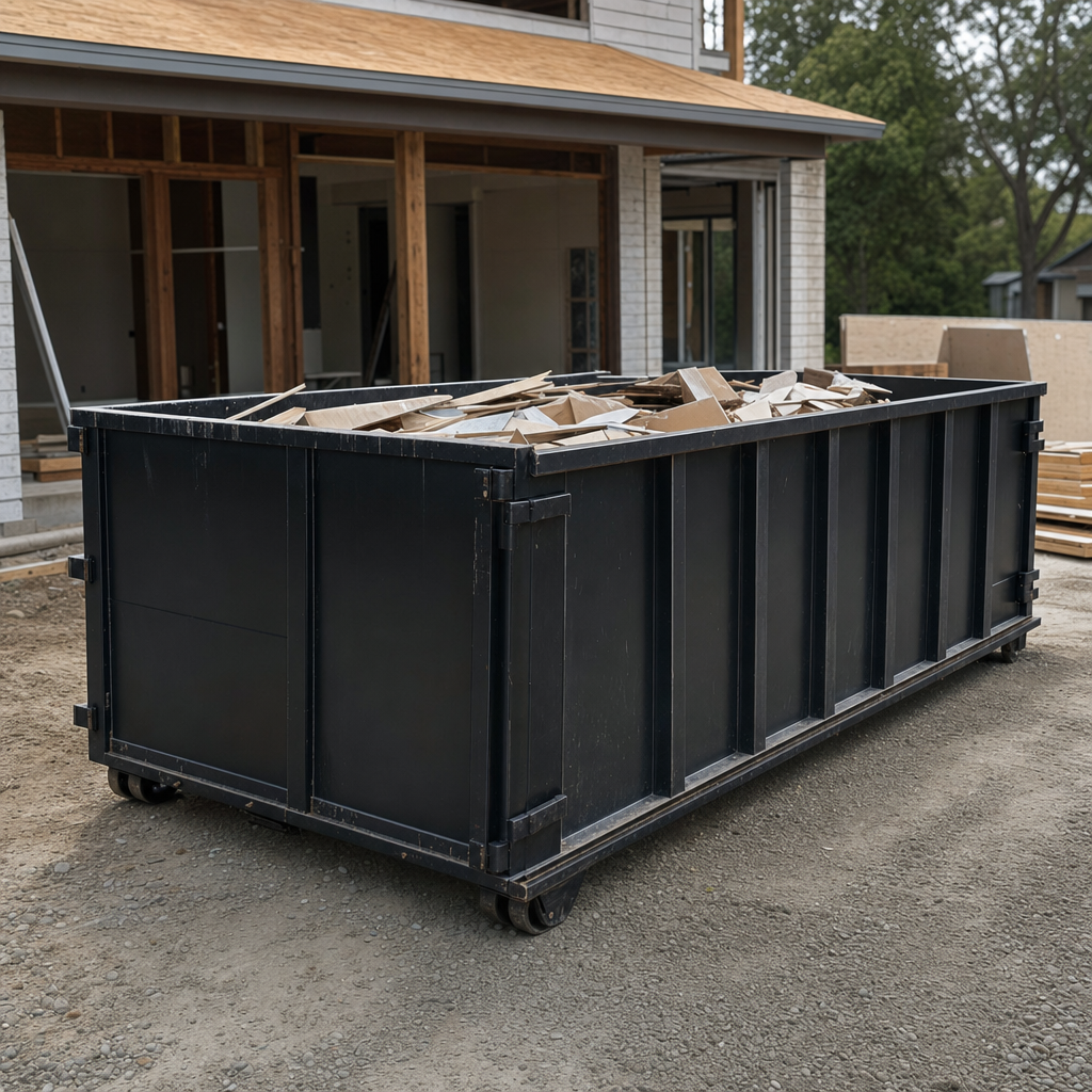 Large matte-black 30-yard construction roll-off dumpster at an active Clearwater jobsite, steel-gray top rails and bottom rollers visible, loaded with construction debris.
