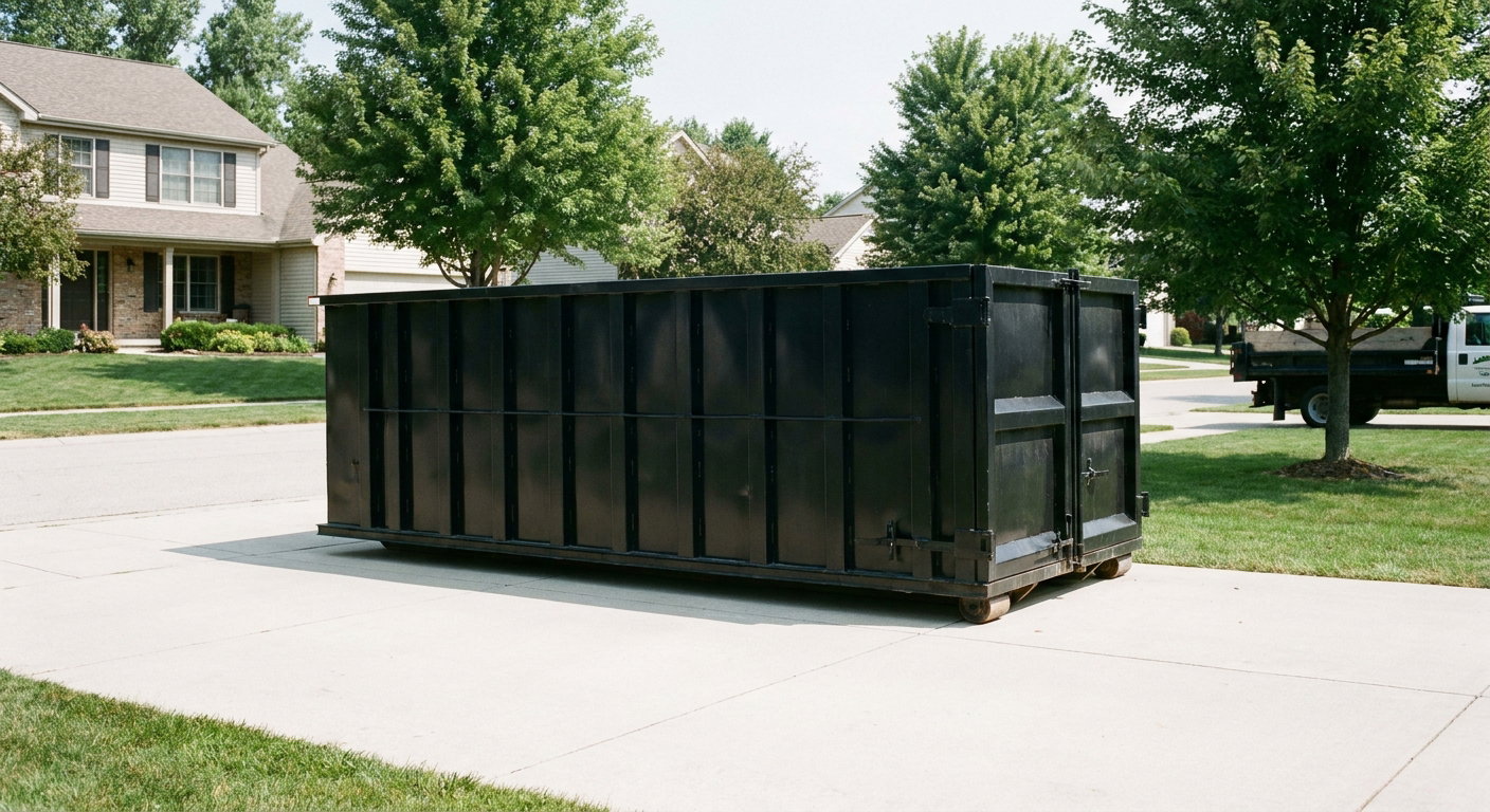 Matte-black 20-yard roll-off dumpster sitting level on a clean Clearwater residential concrete driveway under bright daylight, demonstrating clean placement directly on the concrete.