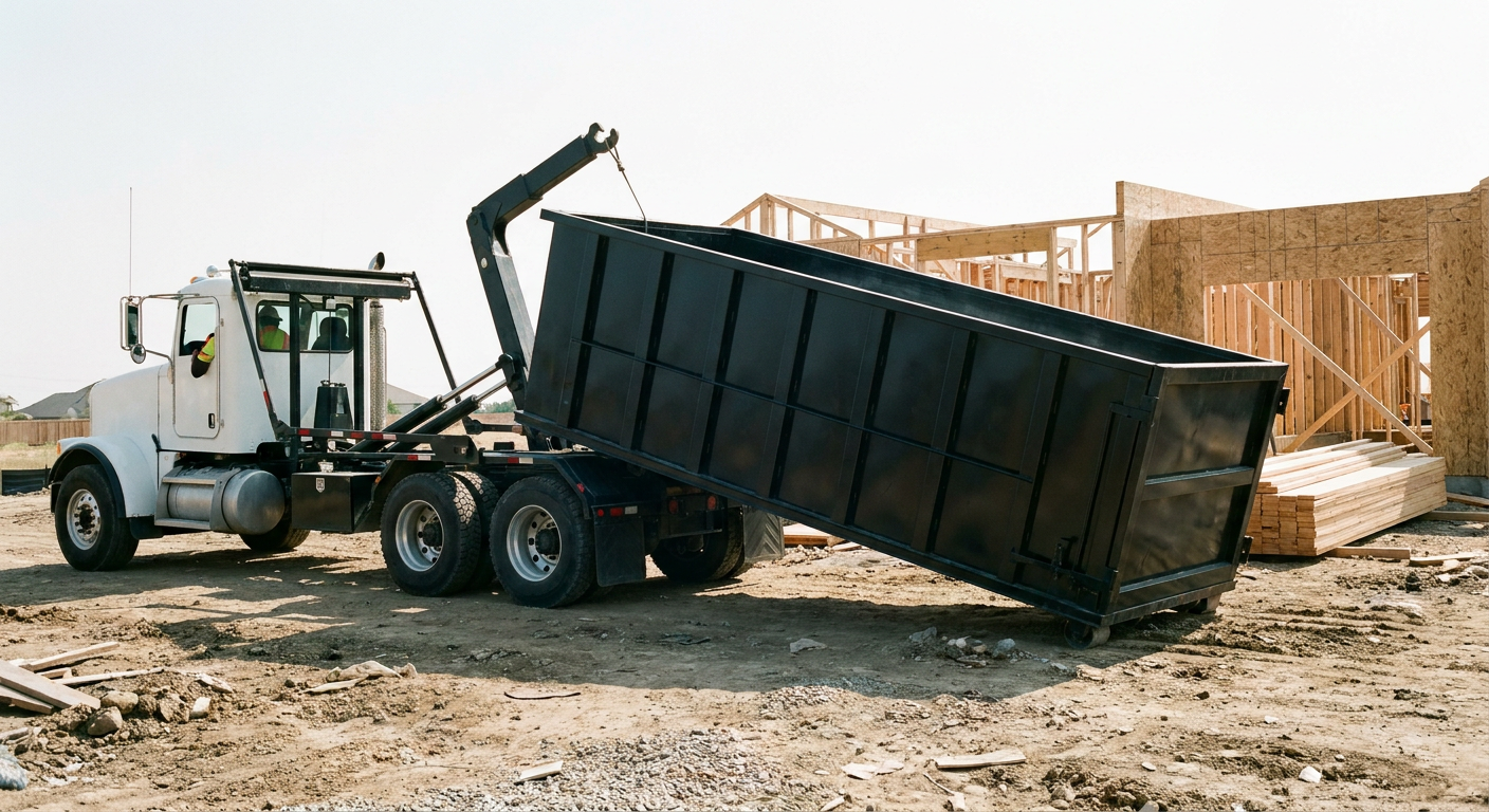 Matte-black roll-off dumpster being delivered onto a clean residential concrete driveway in Clearwater by an unmarked white hooklift hauler truck, bright morning daylight, documentary 35mm perspective.